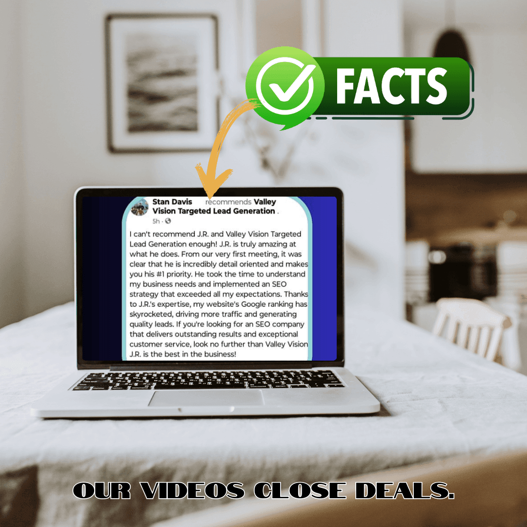 Laptop displaying a social media testimonial with 'Facts' and green checkmark icon above.