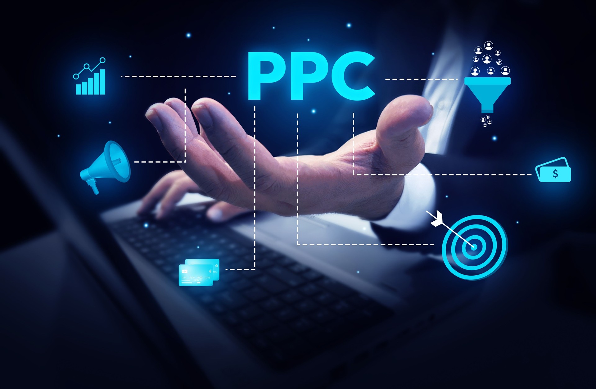 PPC campaigns and advertisement concept with glowing shapes hovering over the hand, pay per click typography. Business, conversions, roi,